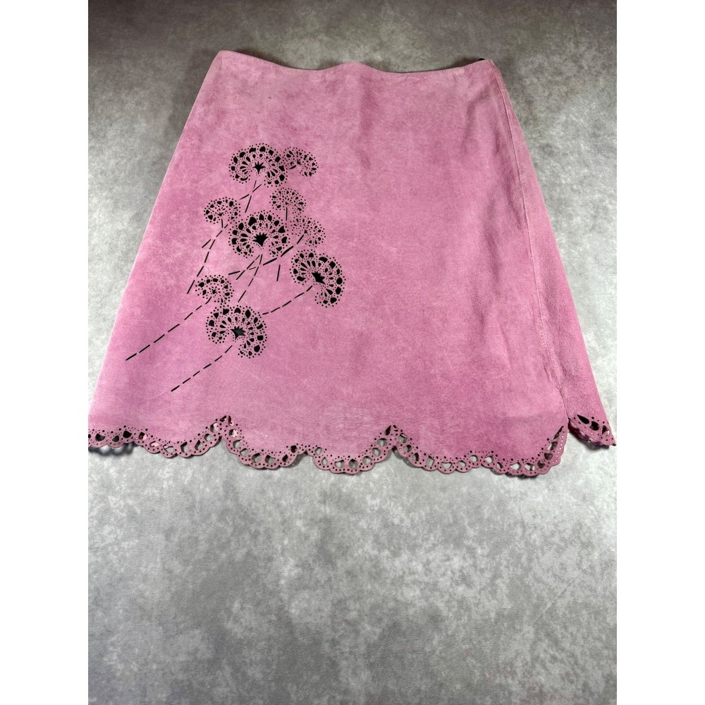 Muse Pink Suede Leather Mini Skirt Laser Cut Floral Scalloped Hem Womens 12